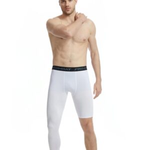 Men's Basketball Single Leg Tight Sports Pants 1/2 One Leg Compression Pants Athletic Base Layer Underwear (Small,White-1)