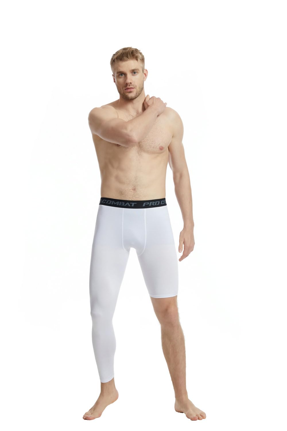 Men's Basketball Single Leg Tight Sports Pants 1/2 One Leg Compression Pants Athletic Base Layer Underwear (Small,White-1)