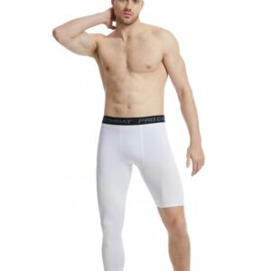 Men's Basketball Single Leg Tight Sports Pants 1/2 One Leg Compression Pants Athletic Base Layer Underwear (Small,White-1)