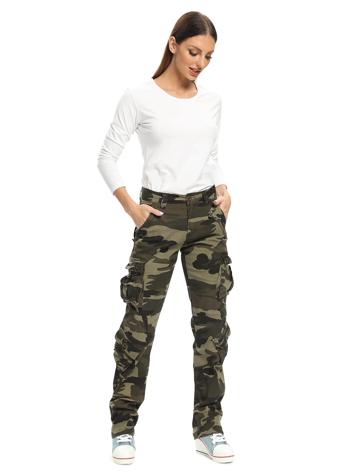 OCHENTA Camouflage Cargo Pants for Women Stretch Combat Tactical Army Military Casual Work Travel with 8 Pockets Camo 169 Size 4