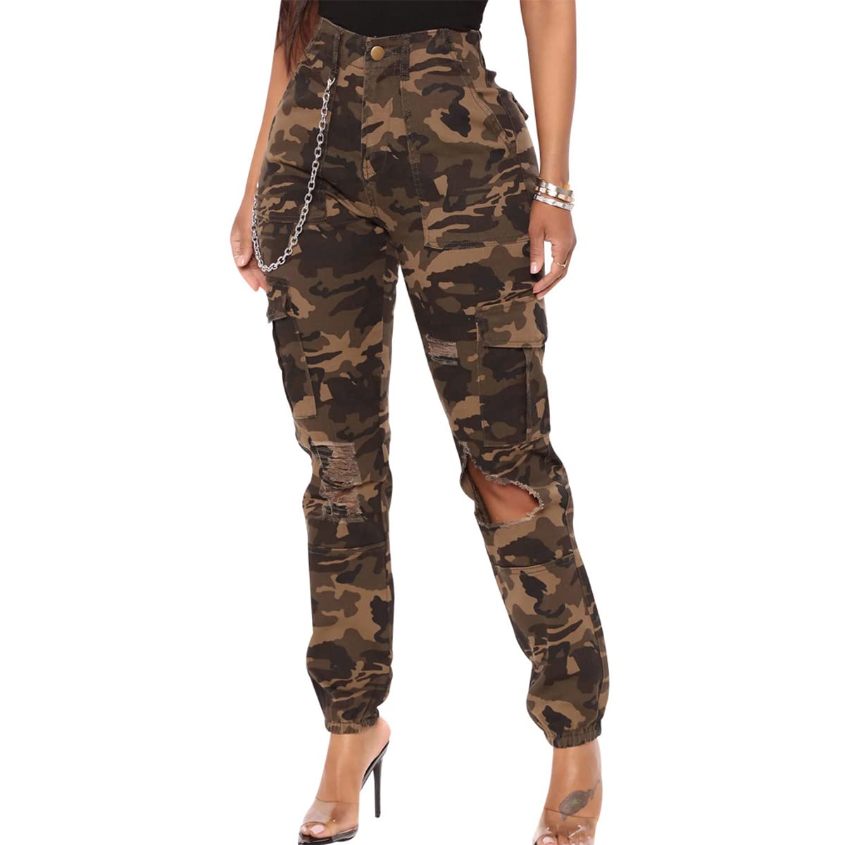 ThusFar Camo Cargo Pants for Women High Waisted Camoflage Slim Fit Ripped Trousers Sweatpants with Pockets