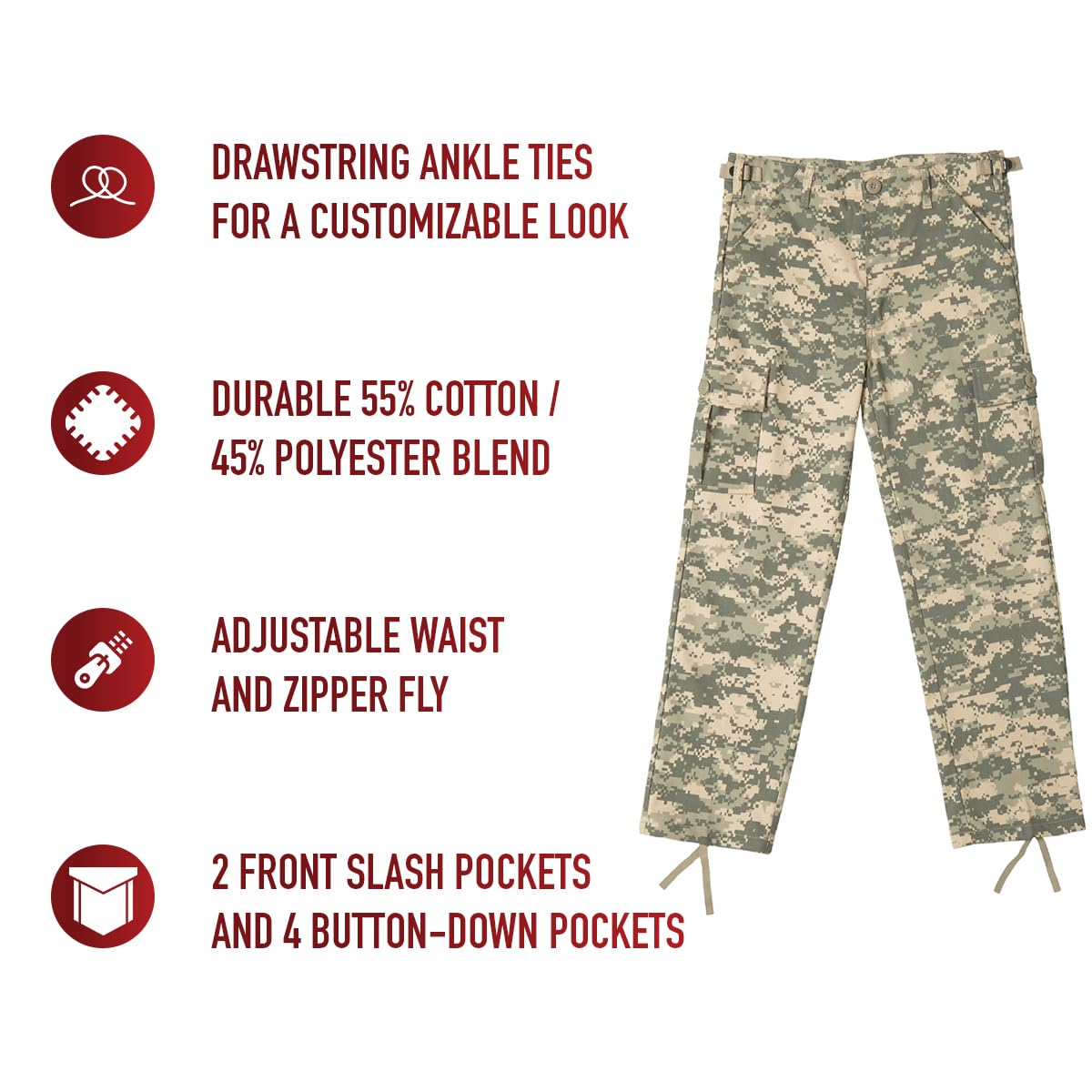 Rothco Kids Digital Camo BDU Pants - Rugged Outdoor Hiking Camping Comfortable Cargos (US, Alpha, Medium, Regular, ACU Digital Camo)