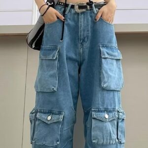 Vakkest Womens Jeans Cargo Pants Casual Wide Leg Flap Pocket Baggy Combat Military High Waist Denim Trouser Clubwear Y2K