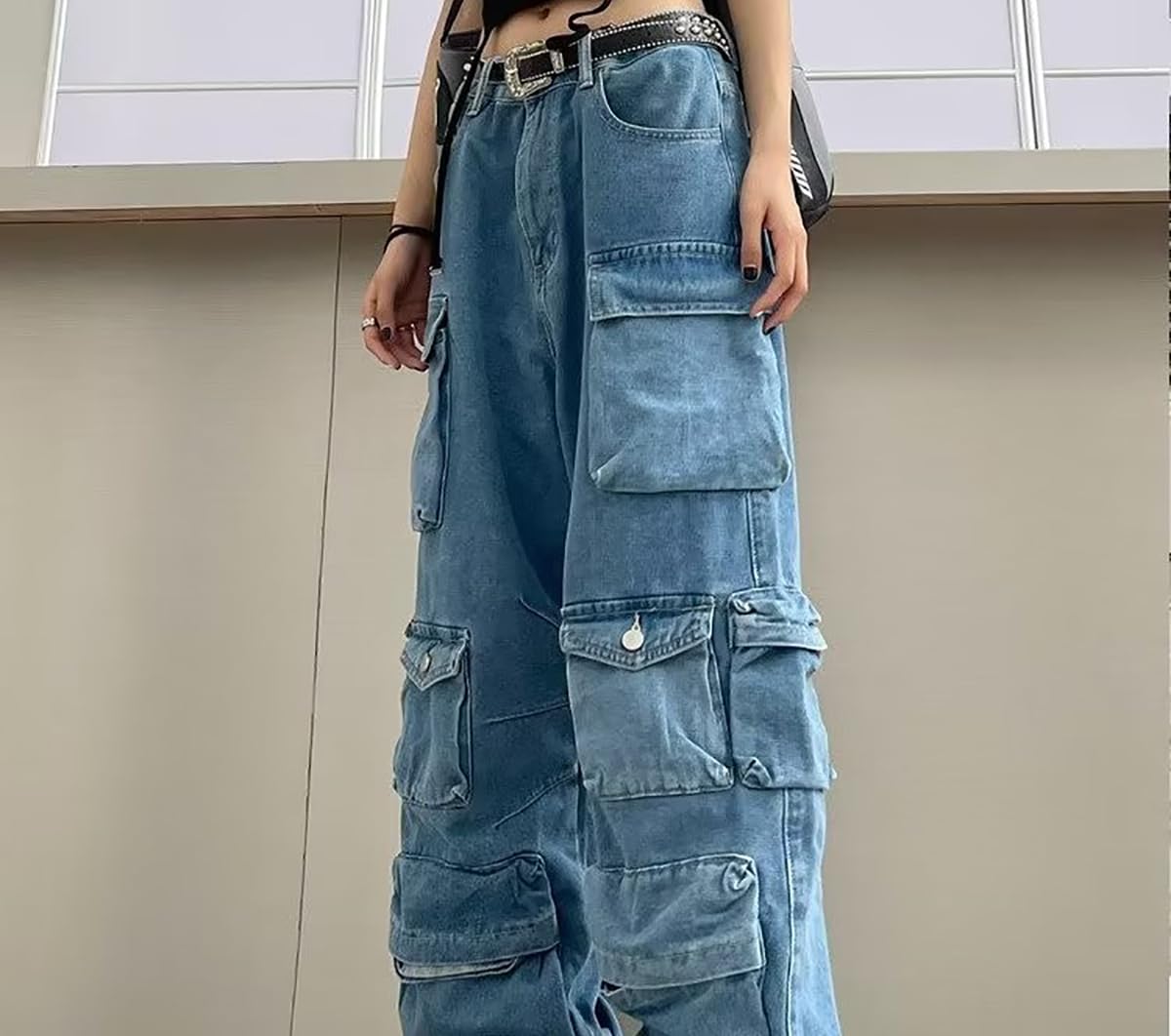 Vakkest Womens Jeans Cargo Pants Casual Wide Leg Flap Pocket Baggy Combat Military High Waist Denim Trouser Clubwear Y2K