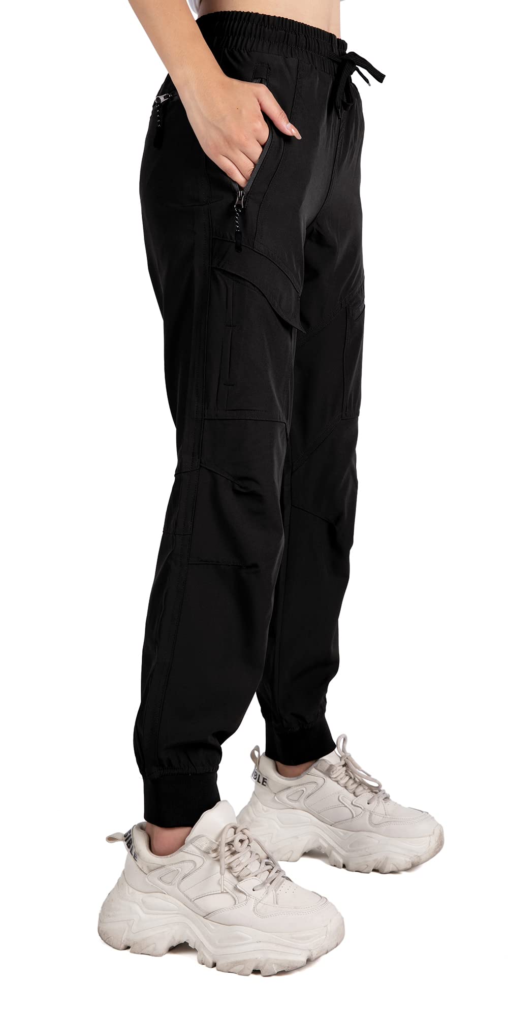 Singbring Women's Athletic Hiking Cargo Joggers Pants Outdoor Workout Lightweight Quick Dry UPF 50 Zipper Pockets (Black88-M)