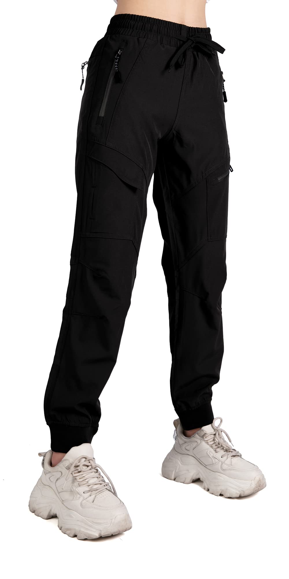 Singbring Women's Athletic Hiking Cargo Joggers Pants Outdoor Workout Lightweight Quick Dry UPF 50 Zipper Pockets (Black88-M)