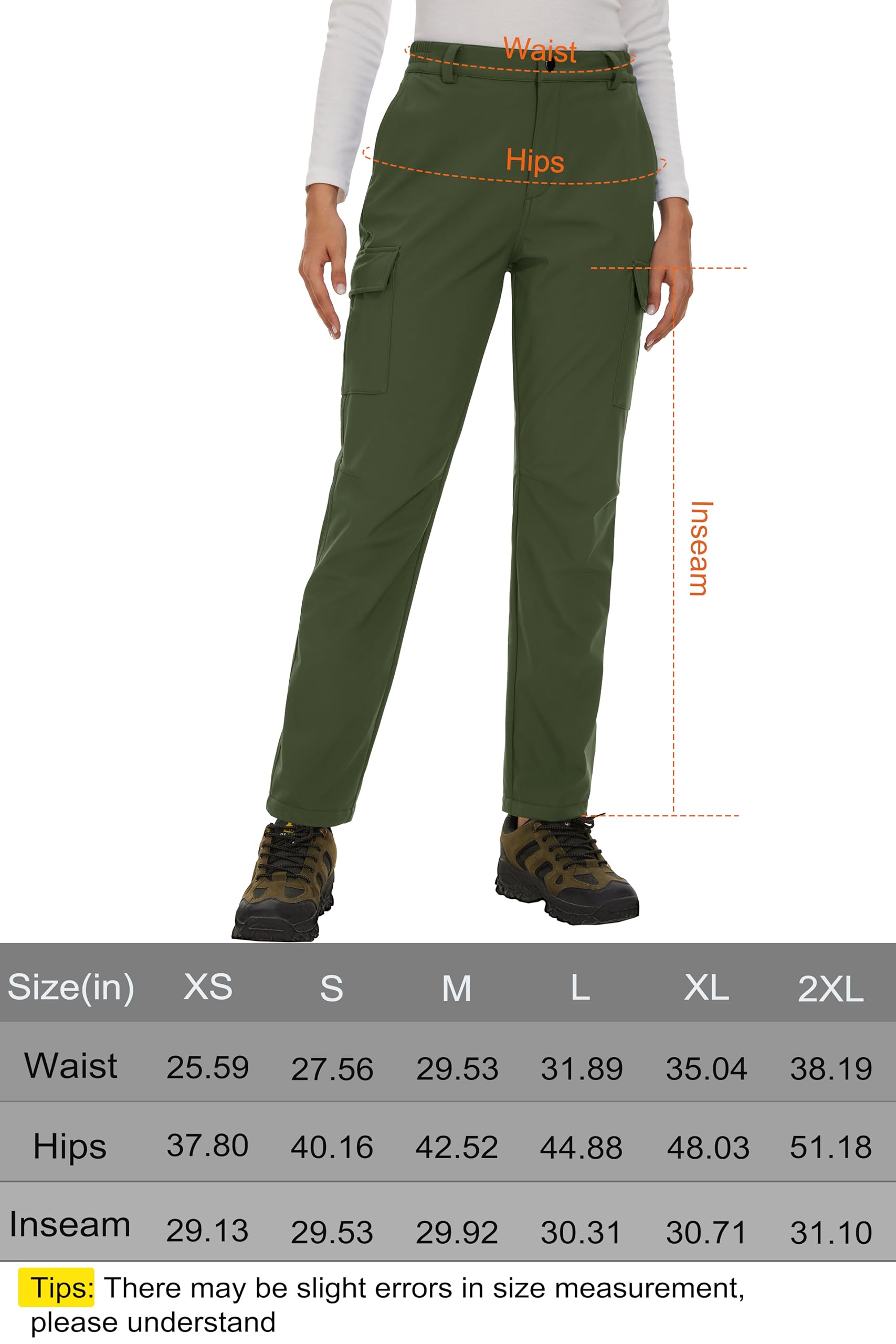 MAGCOMSEN Womens Fleece Lined Pants Winter Hiking Softshell Pants Army Green Waterproof Insulated Snow Ski Pants Cold Weather, L