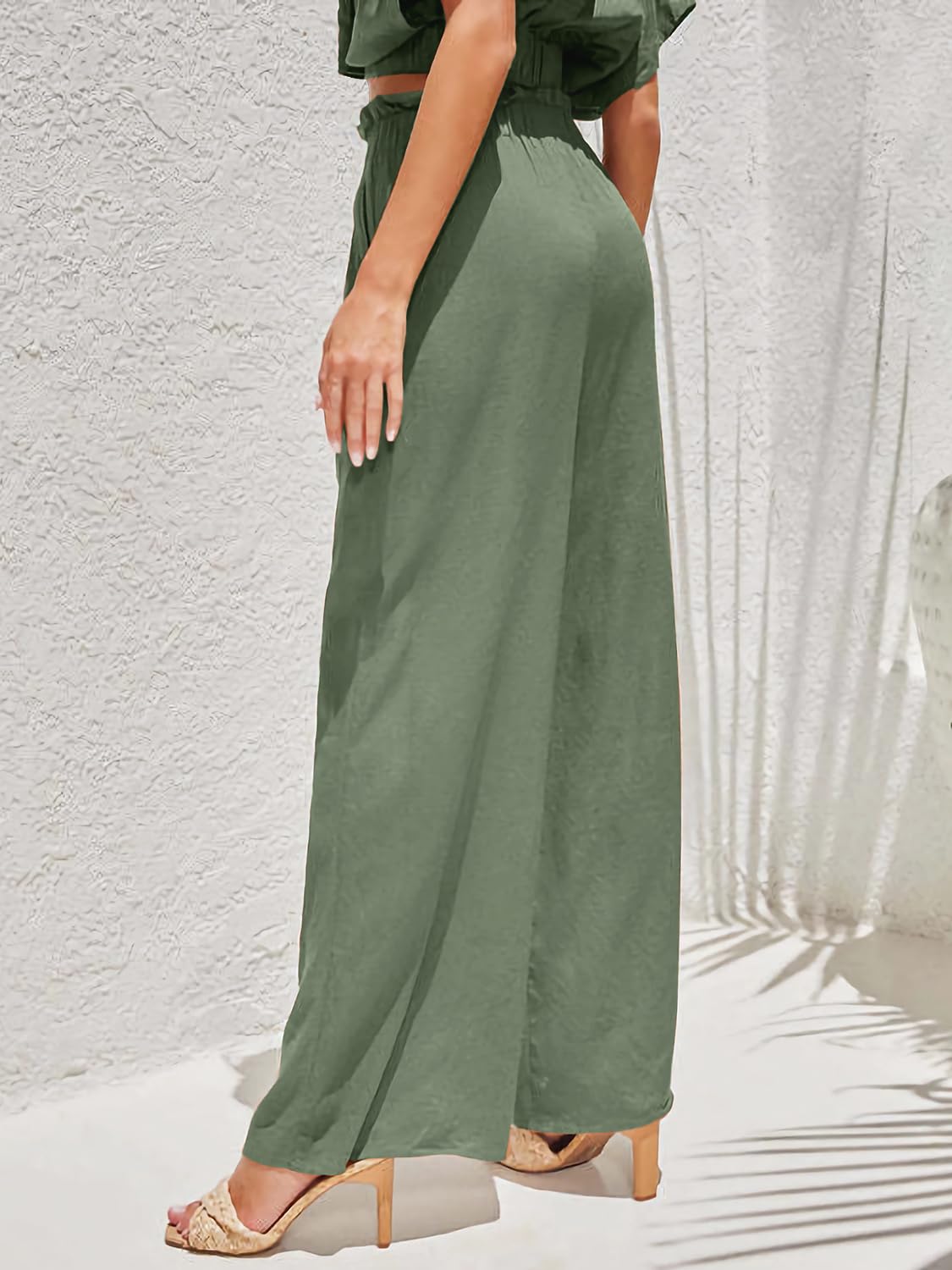 Sucolan Green Pants for Women Dressy Casual Wide Leg Pants High Waisted Business Work Pants Adjustable Tie Knot Loose Beach Flowy Palazzo Pants Sage Green L