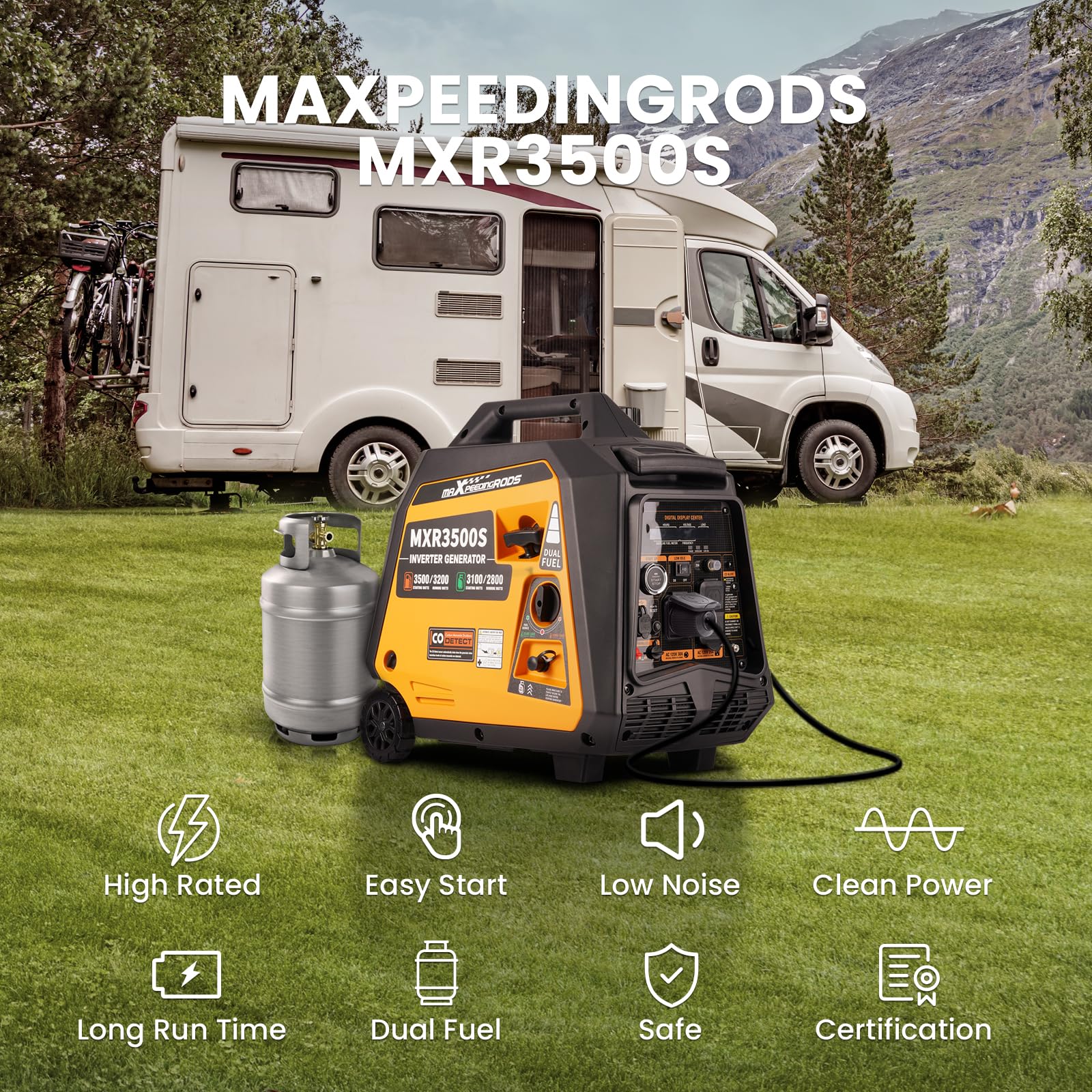 MaXpeedingrods 3500 Watt Dual Fuel Inverter Generator, Electric Start, Gas and Propane Powered for Home Backup Power, Outdoor Camping, RV Ready, EPA Compliant, Digital Display