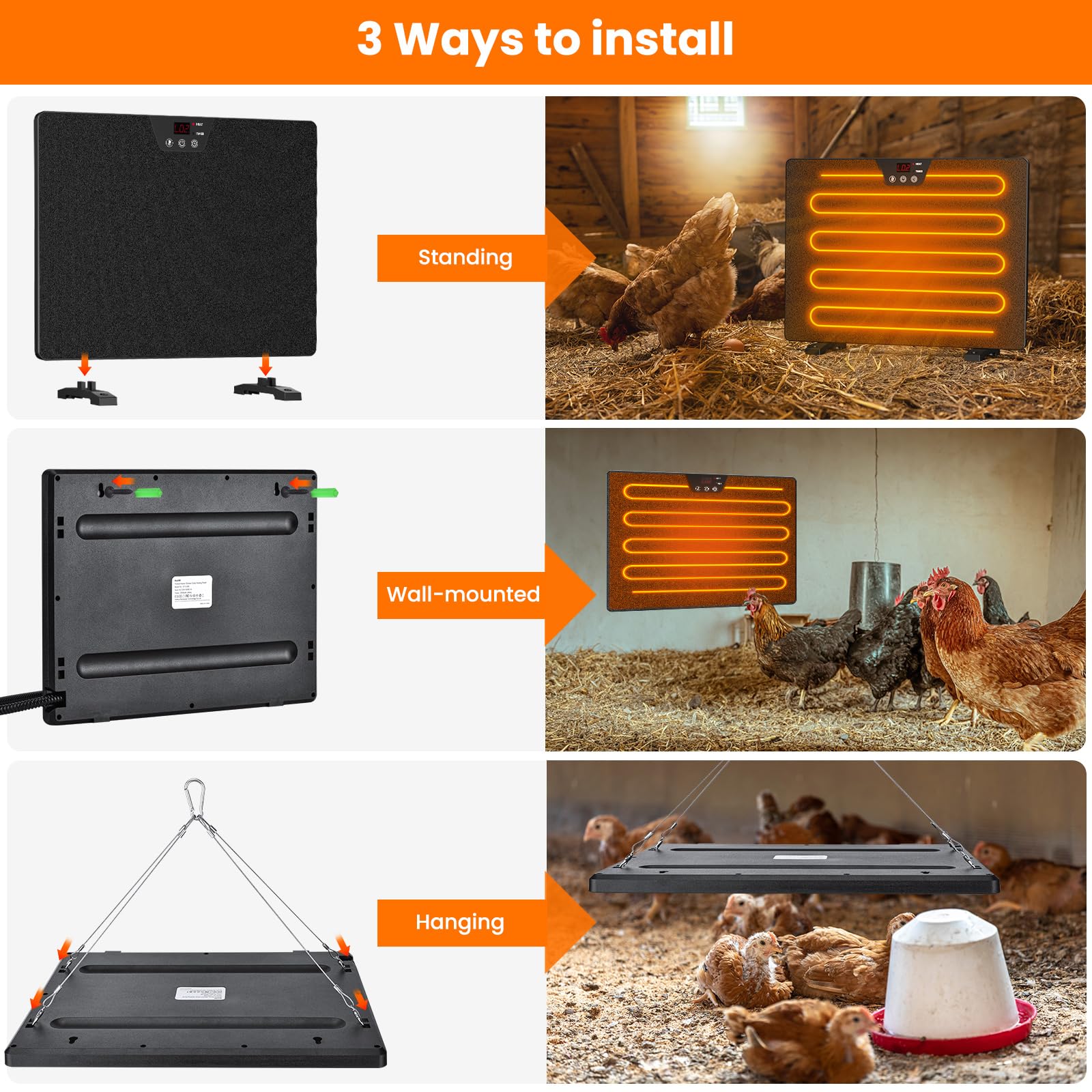 Keten Chicken Coop Heater, 100/200 Watts Radiant Heat Energy Efficient Design, 3 Ways to Use, Safer Than Brooder Lamps Heater with Digital Display and 5 Timing Setting(16.7'' X 12.2'')