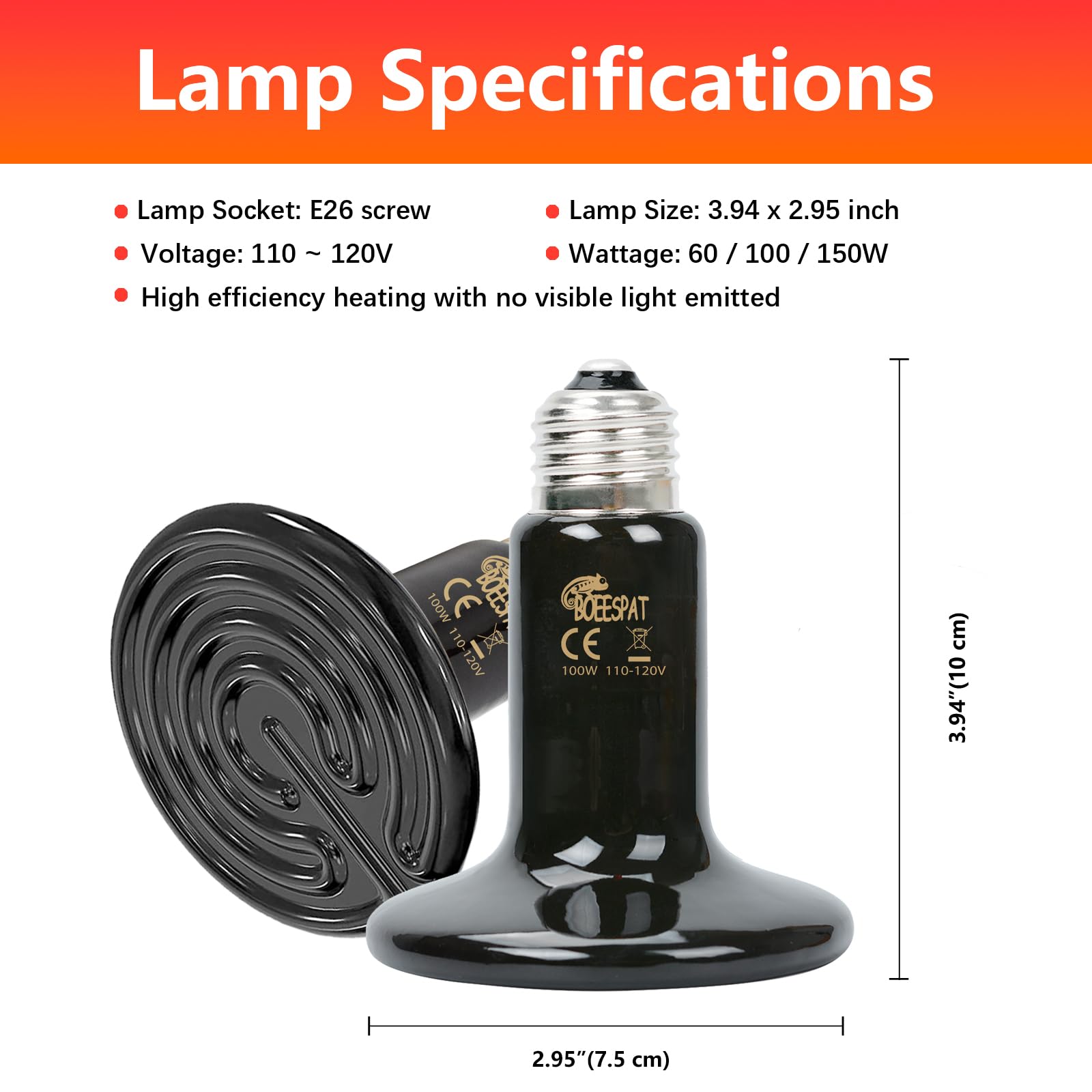 BOEESPAT 150W Ceramic Heat Emitters for All-Day Use, Pack of 2 Reptile Heat Bulbs for Bearded Dragon, Lizard, Iguana, Tortoise Reptile & Amphibians (Black, 150 Watt)