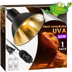 reptile heat lamp, briignite uva basking light for reptiles 50w, g9 halogen heat bulb & dome reptile light fixture, aluminum reflector, dimmable heat lamp for chicken turtle snake gecko lizard, 1 pack