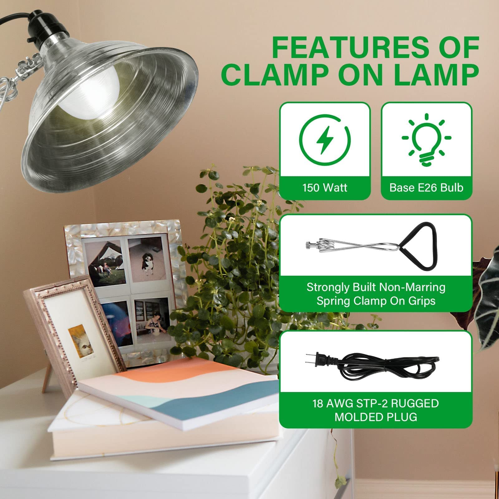 Simple Deluxe Clamp Lamp Light with 8.5 Inch Adjustable Aluminum Reflector and 6 Feet Cord, up to 150W E26 Socket (no Bulb Included), Silver and Black, 2 Pack