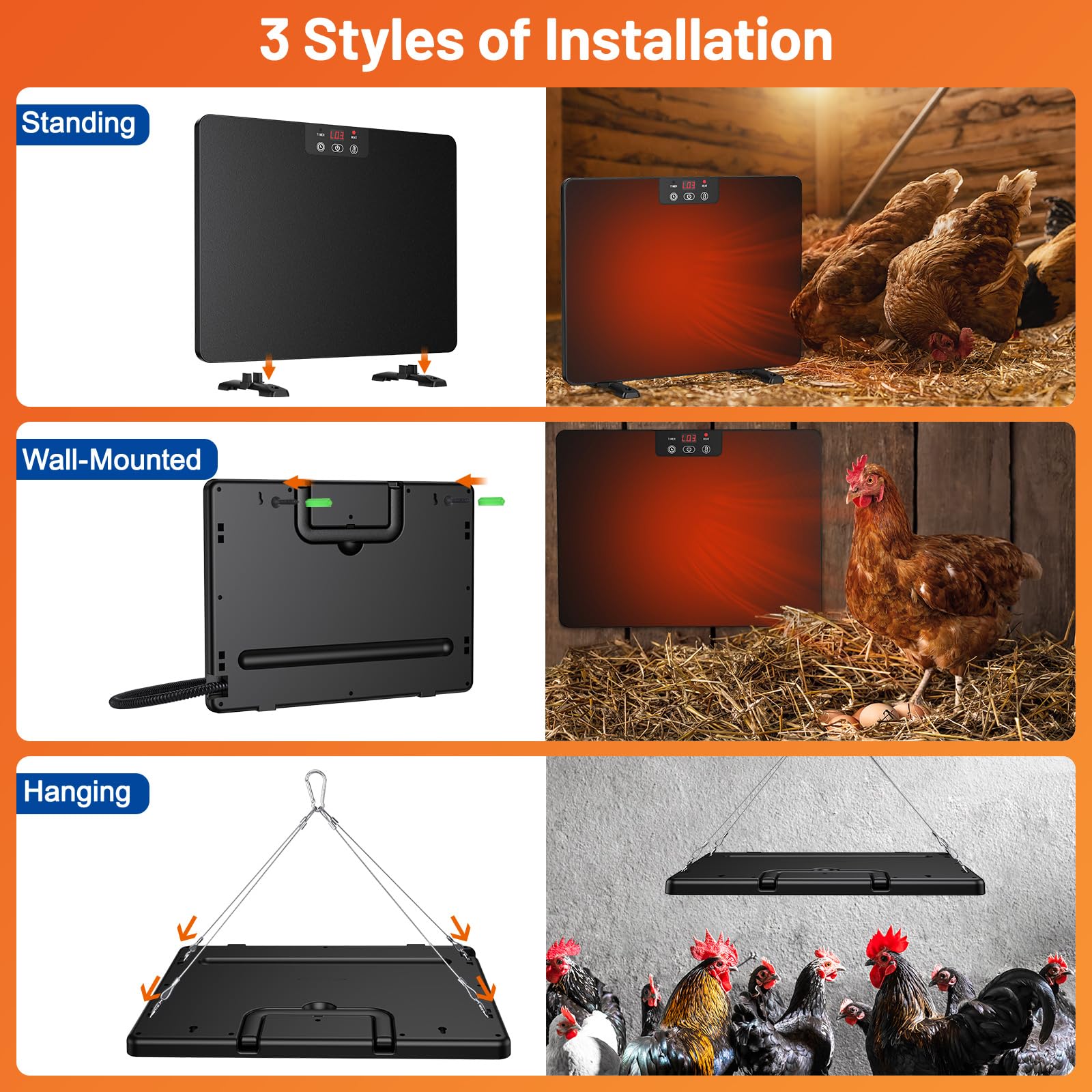 Kesfitt Chicken Coop Heater,Radiant Heat Panel with Handle,5 Timing Setting and 3 Temperature Levels,100/200 Watts Energy Efficient Safer Than Brooder Lamp,3 Installation Style