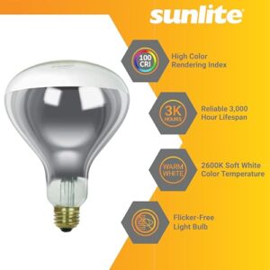 Sunlite R40 Incandescent Heat Lamp Bulb, 375 Watts, 125 Volts, Medium E26 Base, 2600K Soft White, Dimmable, Clear, 100 CRI, 3000 Rated Hours, Title-20 Compliant, 1 Pack