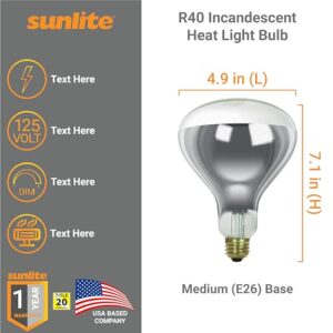 Sunlite R40 Incandescent Heat Lamp Bulb, 375 Watts, 125 Volts, Medium E26 Base, 2600K Soft White, Dimmable, Clear, 100 CRI, 3000 Rated Hours, Title-20 Compliant, 1 Pack