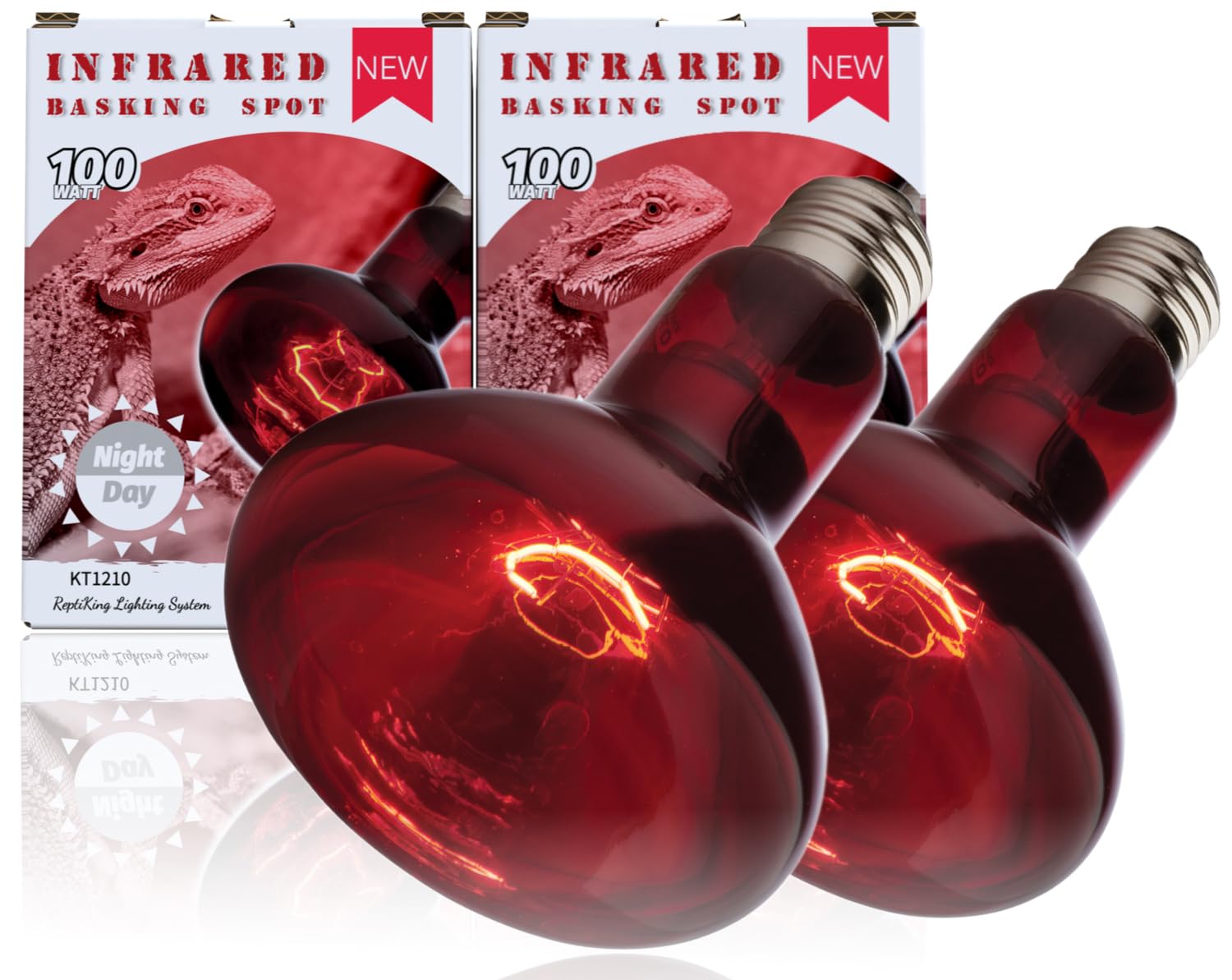 ReptiKing Red Basking Bulb for Reptiles, 2 Pack 100W Upgraded Infrared Basking Spot, Reptile Night Heating Bulb Light, Red Heat Lamp Bulb for Bearded Dragon Turtle Chicken