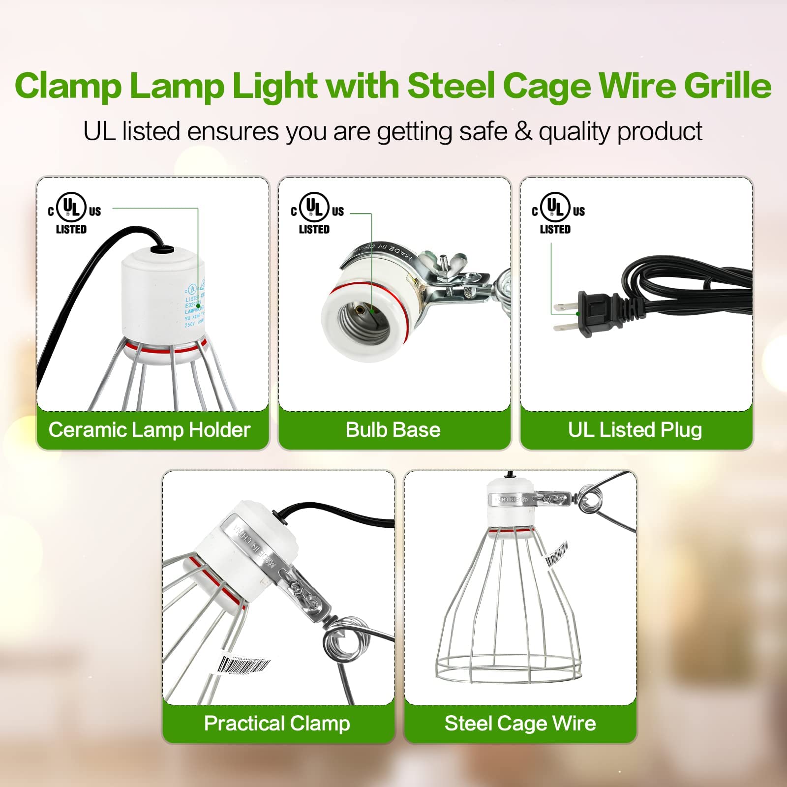 Simple Deluxe Clamp Lamp Light with Steel Cage Wire Grillup and 150W Reptile Ceramic Heat Bulb, E26 Socket, 6' Cord for Amphibian Pet & Incubating Chicken,Silver