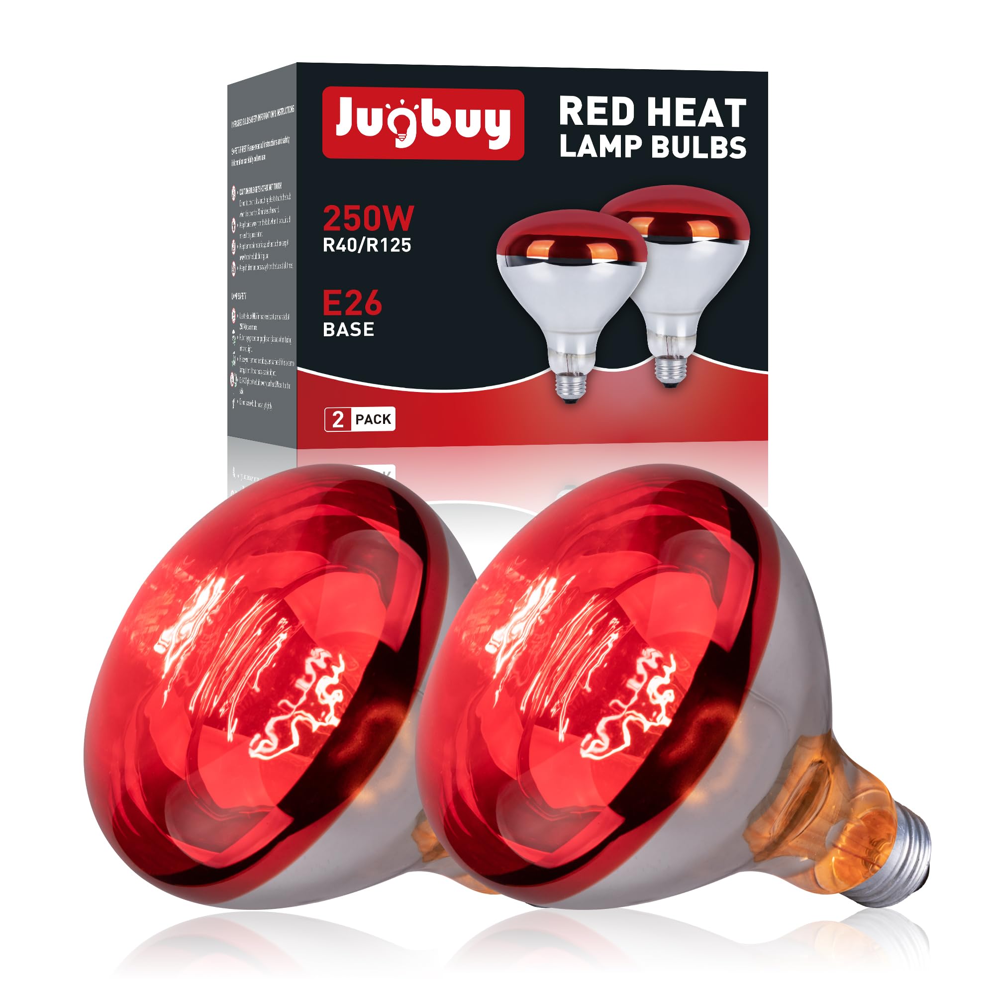 Jugbuy 250 Watt Red Heat Lamp Bulbs, Chicken Infrared Incandescent Light Bulb, Brooder Heat Lamps for Chickens, Chicks, Reptile, Pets, Coop, Poultry, Food, Bathroom, Ceiling, E26 Base - 2 Pack