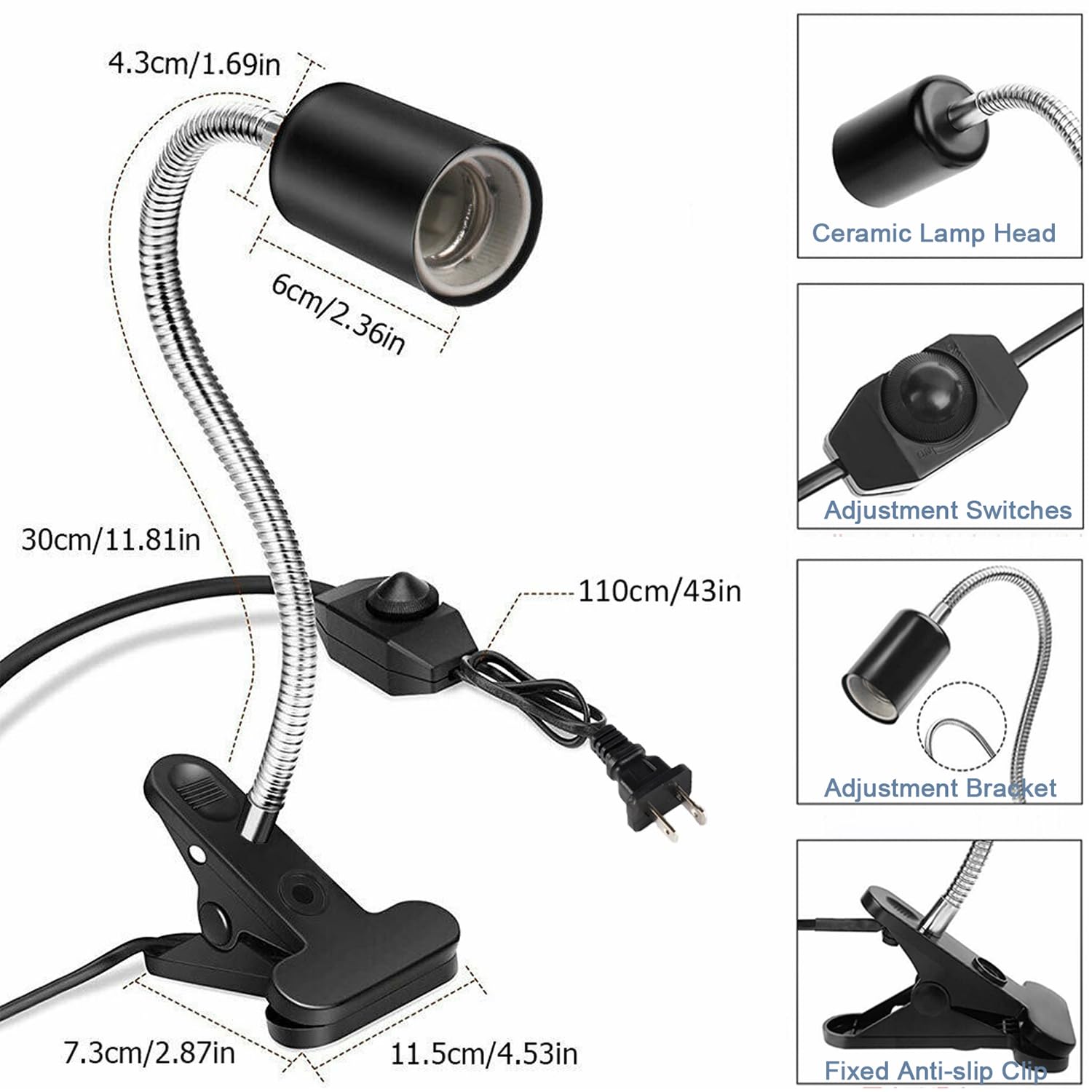 Heat lamp for reptiles，UVA UVB Turtle Heating Lamp with Two Heat Bulbs, Turtle Basking Light with 360° Rotatable Hose & Clamp & Adjustable Switch for Bearded Dragon Reptiles Turtle Lizard Snake