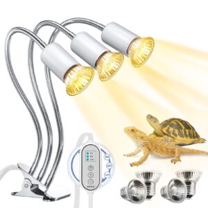 tfnn 2023 upgrade reptile heat lamp, three head reptile light with cycle timer,uva uvb light, dimmable basking lamp for tortoise, bearded dragon, lizard, snake, e26/27 base with 4 bulbs (50w)-white