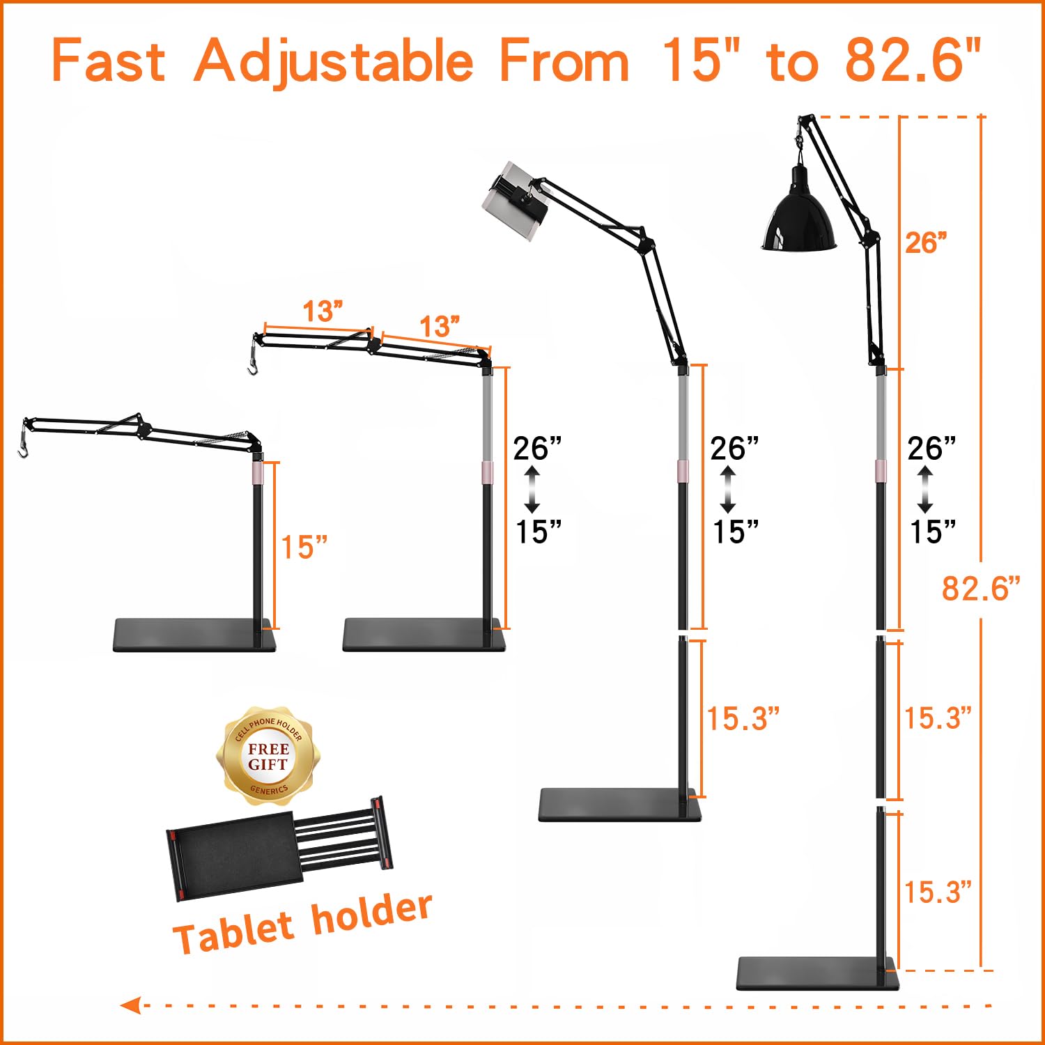 82" Reptile Dual Lamp Stand with Two 16" Hooks, Hang 10.5 Lbs Very Stable, Reptile Heat Light Stand with 6.9 Lbs Metal Base, Height Adjustable from 15" to 82", Tablet Floor Stand