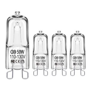 flaspar g9 50w halogen light bulbs, t4 580lm jcd type 2800k warm white, 120v g9 bi-pin base for reptile heat bulb, under cabinet halogen bulb for range hood lights, microwave ovens, dimmable, 4 pack