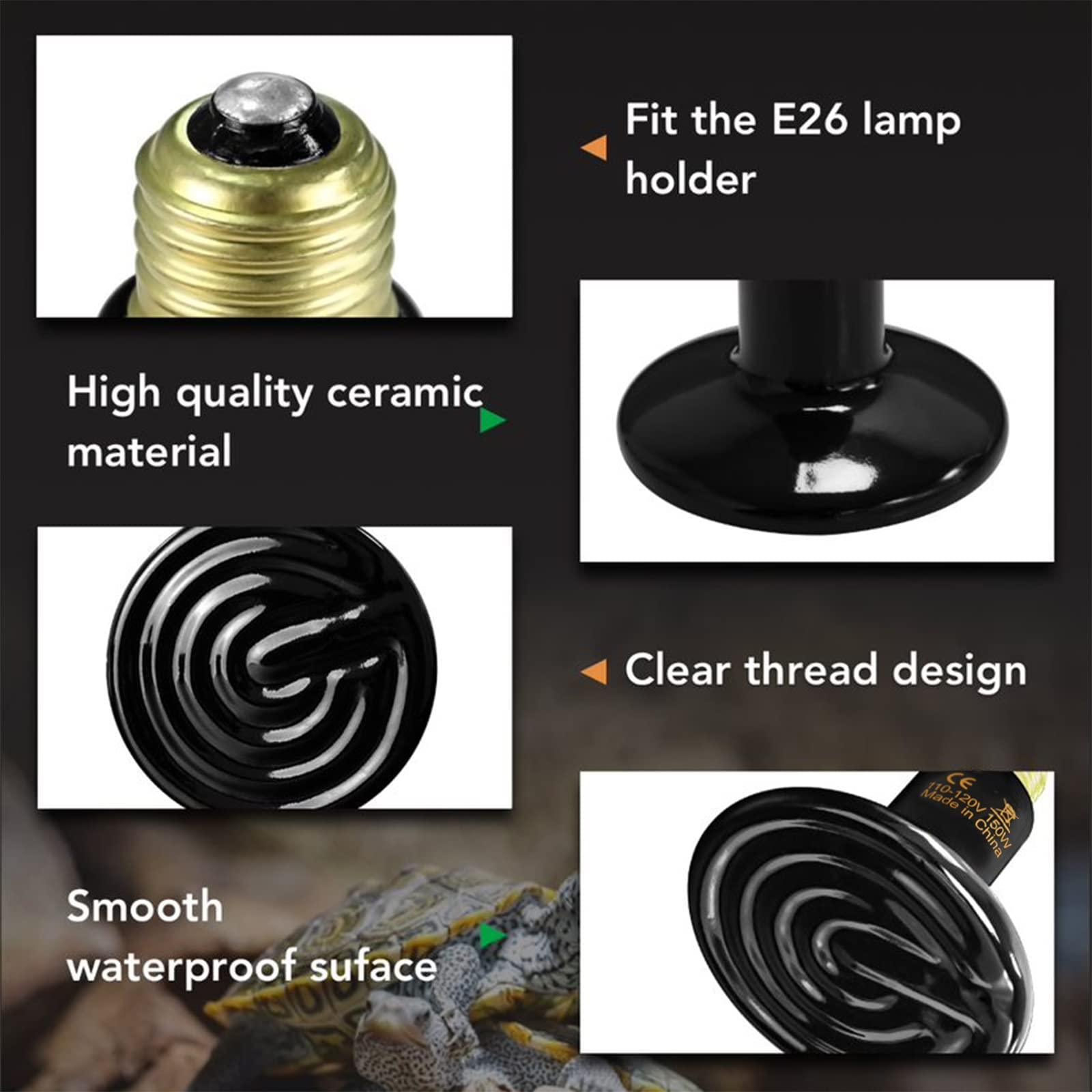 Simple Deluxe Reptile Heat Lamp Bulb Ceramic Heat Emitter 40W/60W/100W/150W/250W, No Light Emitting Brooder Coop Heater for Amphibian Pet & Incubating Chicken,Black