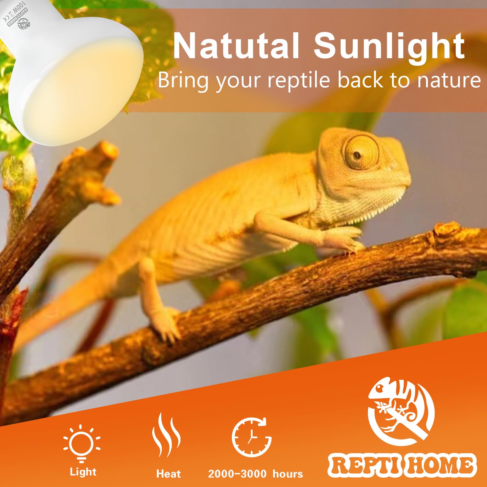 REPTI HOME Reptile Heat Lamp Bulbs, Simulate Natural Sunlight Heat Light Bulb, 2 Pack 100W Amphibian Terrarium Basking Spot Lamp for Reptile, Bearded Dragon, Lizard, Turtle, Snake