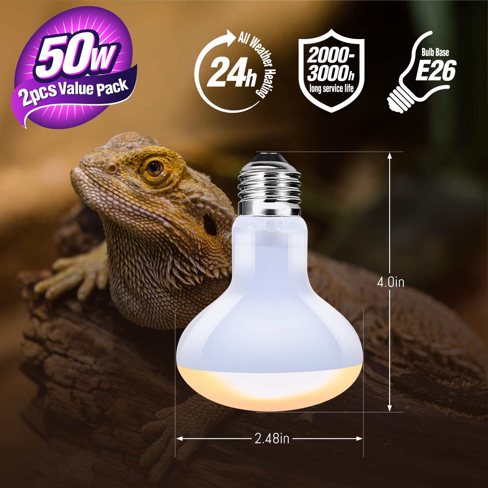 Leoterra 50w Reptile Incandescent Basking Bulb UVA Heat Lamp Bulbs (Pack of 2) for Reptile Terrariums,Bearded Dargon,Lizard,Snakes Use.Easy to Install Incandescent Basking light Bulbs