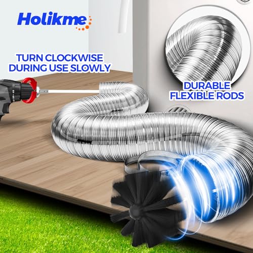 Holikme 60 Feet Dryer Vent Cleaner Kit,Lint Remover Flexible Brush and Drill Attachment Extends Up to 60Feet, 2 Synthetic Brush Head Use with or Without a Power Drill