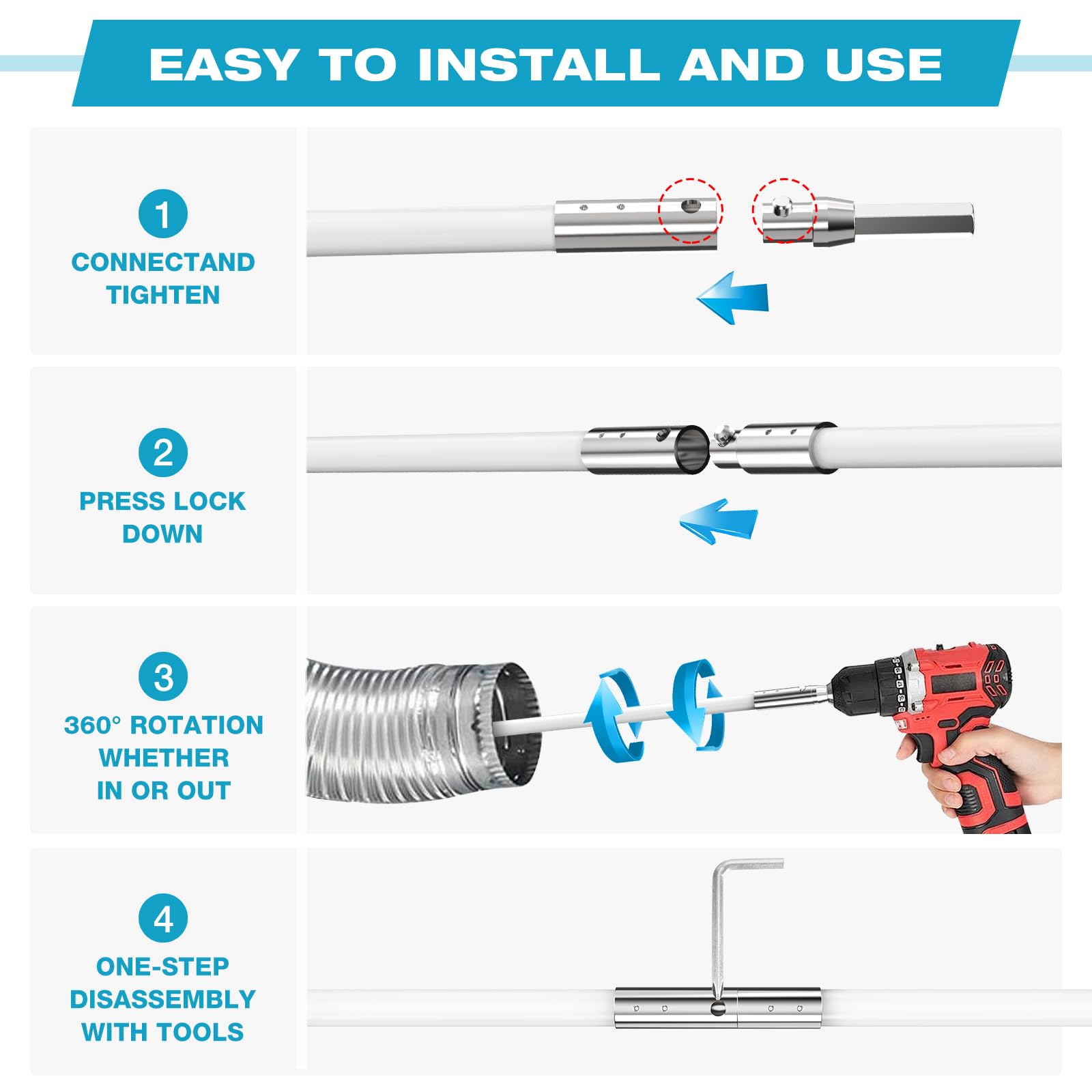 Sealegend 50 FEET Dryer Vent Cleaner Kit Double Synthetic Brush Head Upgraded Flexible Quick Snap Brush with Drill Attachment Extend Up to 50 FEET for Easy Cleaning Use with or Without a Power Drill