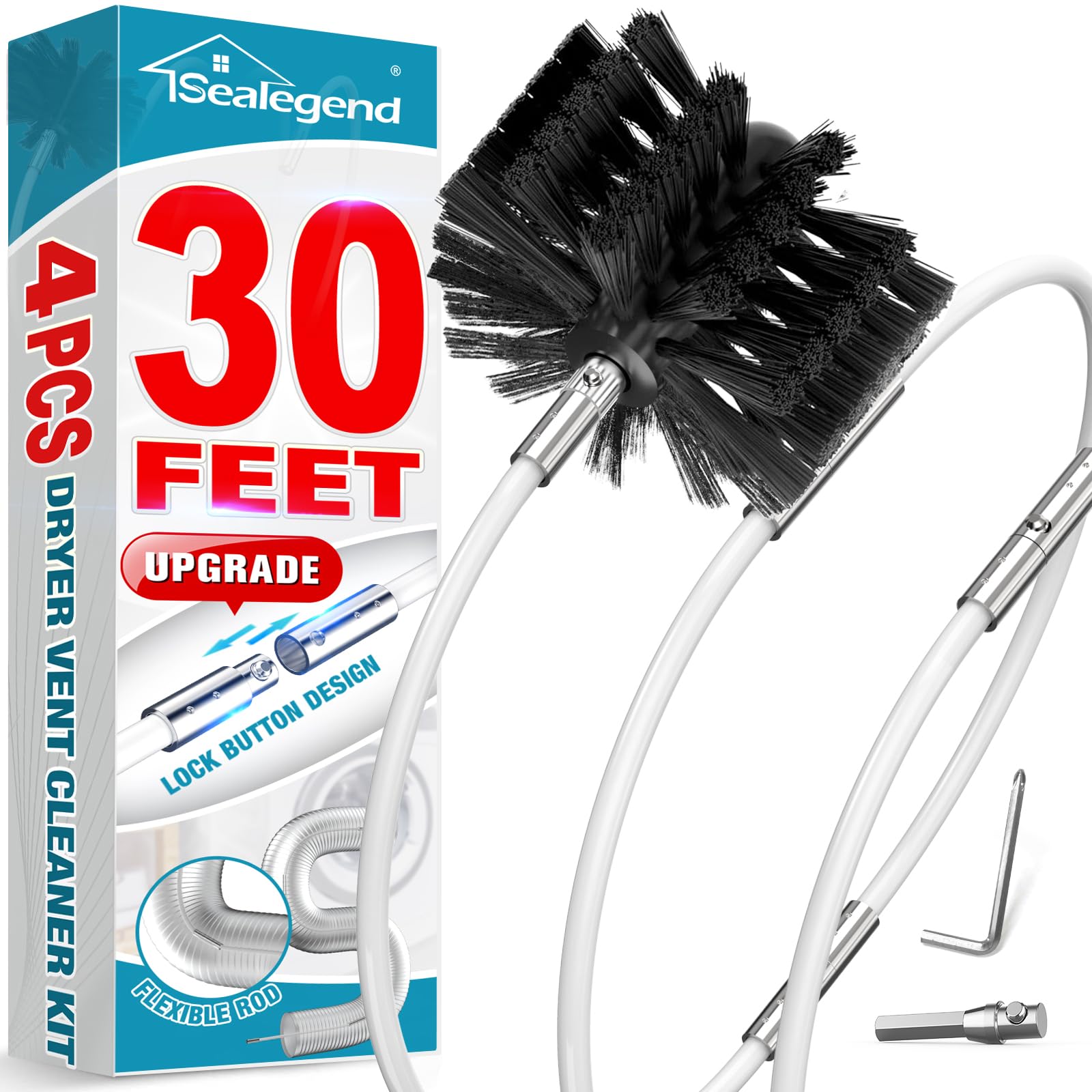 Sealegend 30 FEET Dryer Vent Cleaner Kit Flexible Quick Snap Brush with Drill Attachment Extend up to 30 FEET for Easy Cleaning Upgraded Dryer Vent Cleaning Kit Use with or Without a Power Drill