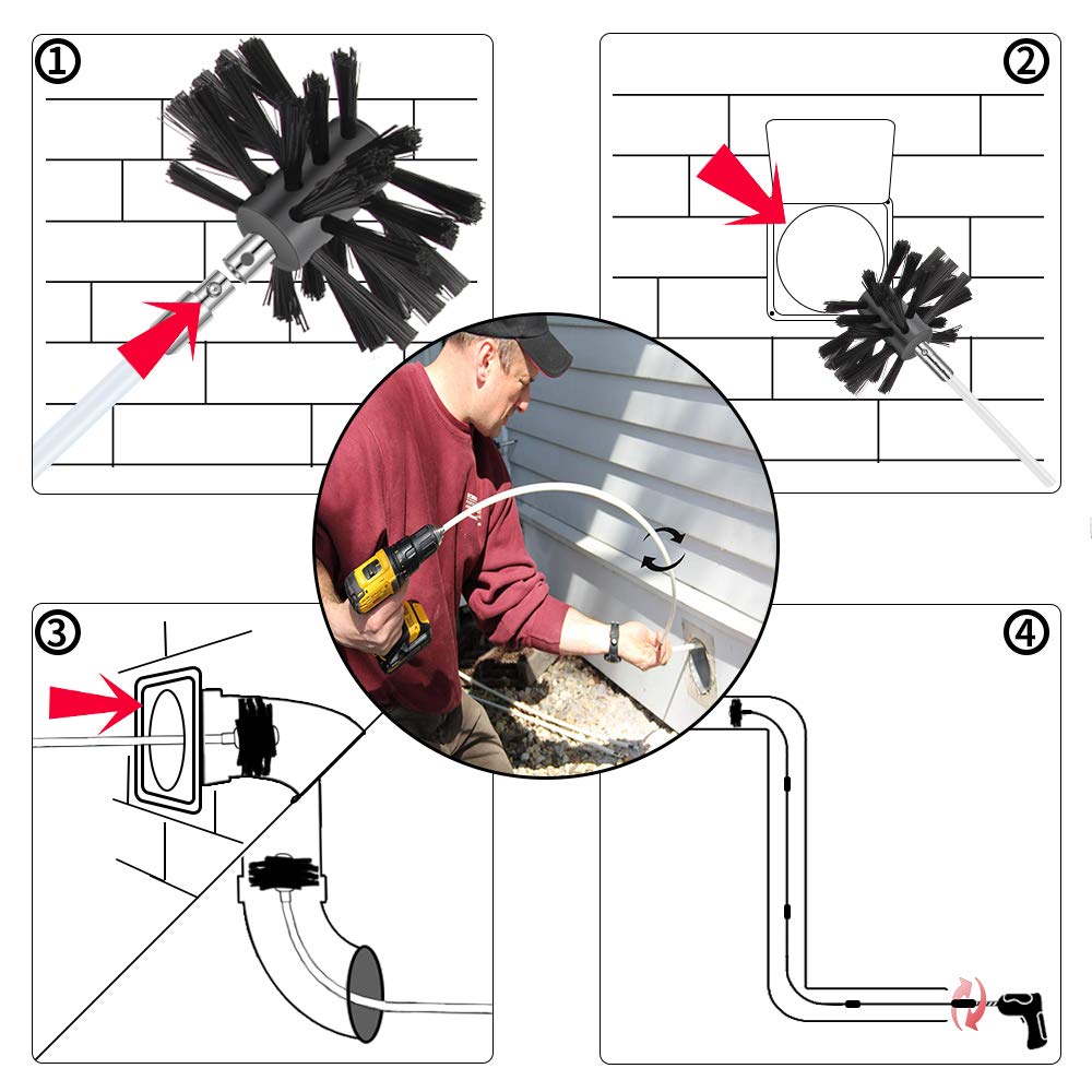 Morinoli 40 Feet Dryer Vent Cleaner Kit, Chrome Button Locking Dryer Vent Cleaning System, Flexible Dryer Lint Brush Vent Cleaner, Dryer Vent Cleaning Kit for Drill Attachment, Vacuum & Dryer Adapter