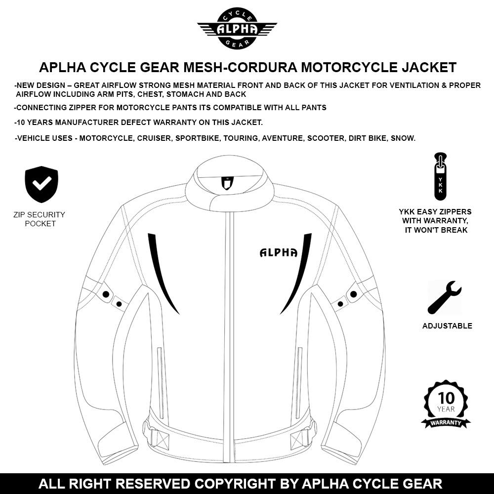 ALPHA CYCLE GEAR HI VIS MESH MOTORCYCLE JACKET FOR MENS RIDING BIKERS RACING DUAL SPORTS BIKE ARMORED PROTECTIVE... (BLACK, X-LARGE)