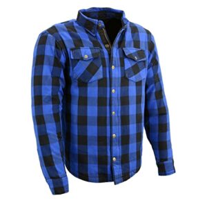 milwaukee leather mpm1634 men's plaid flannel biker shirt with ce approved armor - reinforced w/aramid fiber - 4x blue