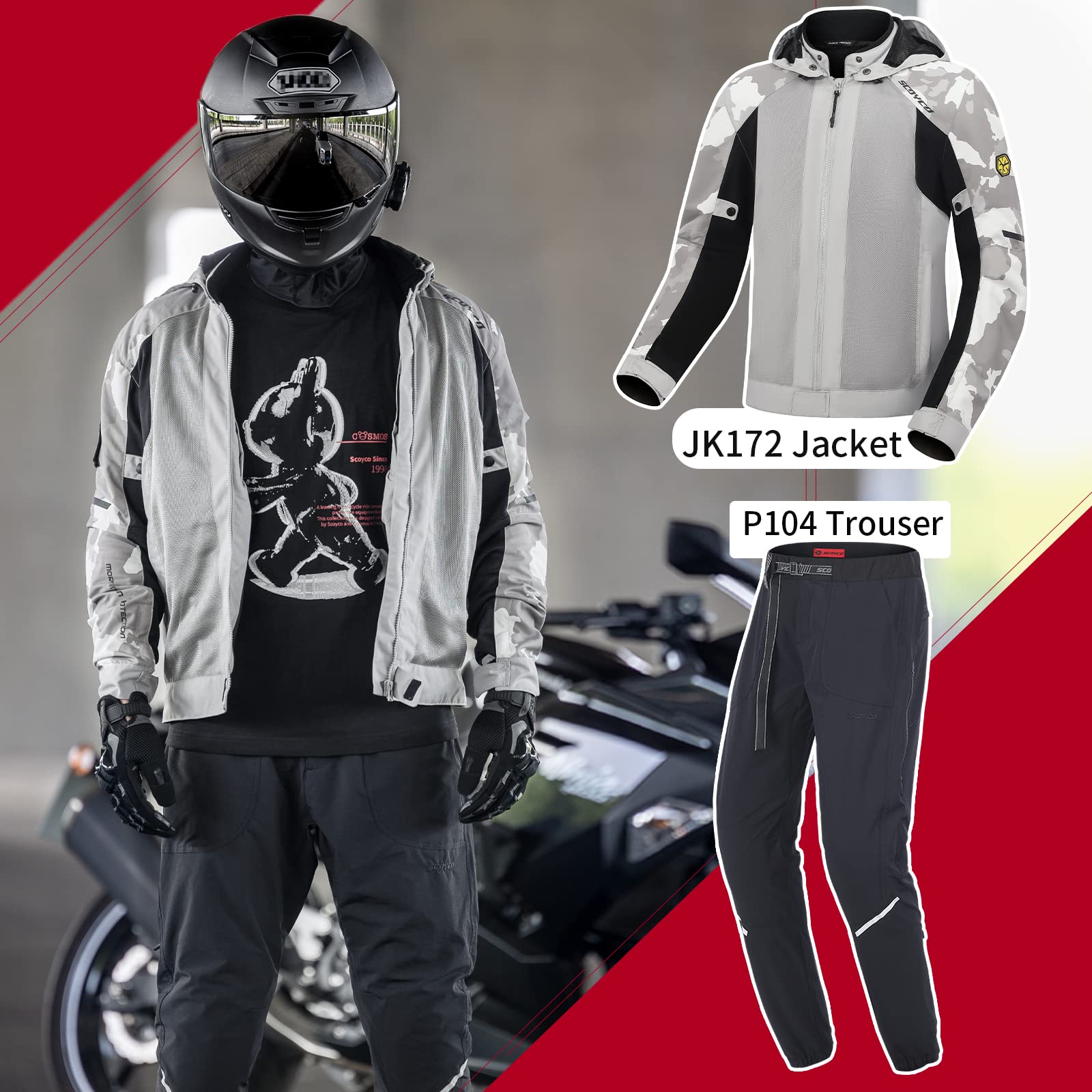 Scoyco Motorcycle Jacket Camo Sleeve Cordura Textile Motorbike Hoodie Protective CE Armored Zip Up Jacket with Detachable Hood All Season