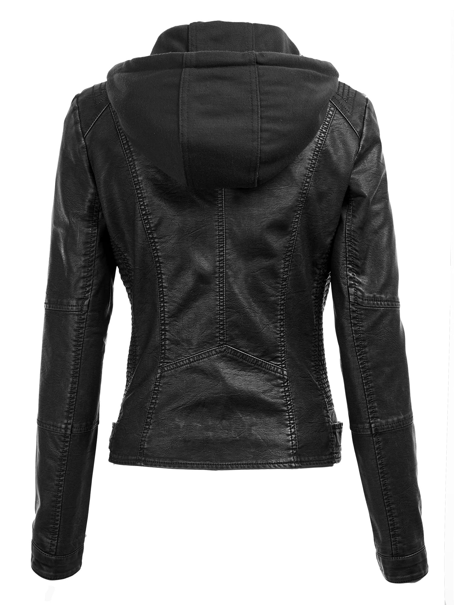 Made By Johnny MBJ WJC1044 Womens Faux Leather Quilted Motorcycle Jacket with Hoodie L BLACK