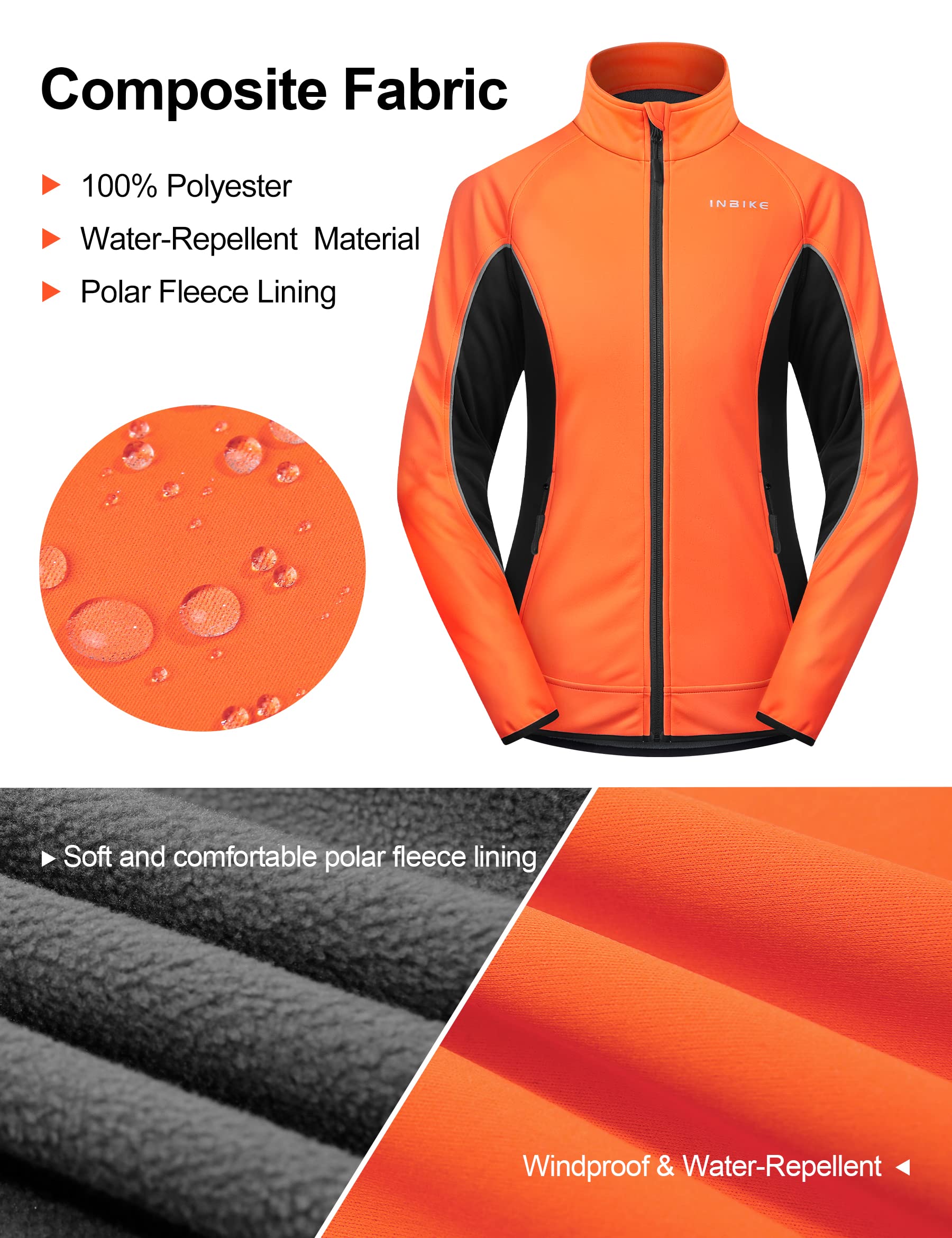 INBIKE Women's Cycling Jacket Biking Running Windbreaker Thermal Fleece Lined Reflective Coat for Cold Weather Winter Orange Medium