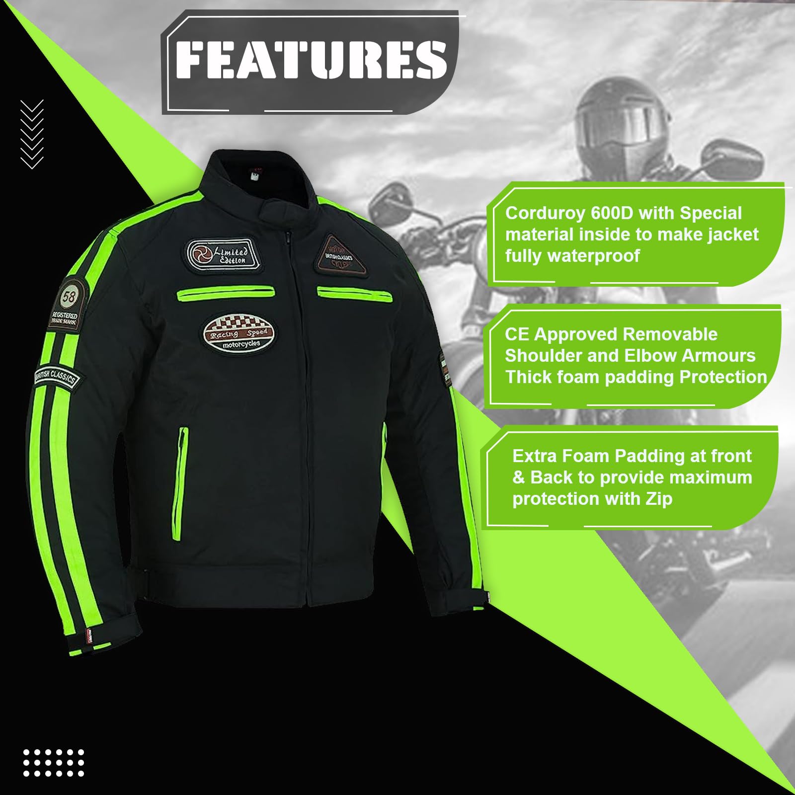 PROFIRST Motorbike Men’s Riding Jacket Motorcycle Jacket for Men Waterproof Jacket CE Armored Protection (US, Alpha, XX-Large, Regular, Regular, Green)