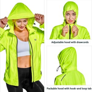 FitsT4 Sports Women's Cycling Running Jackets Lightweight Windproof Bike Windbreaker Reflective with Hood Fluorescent Yellow Size S