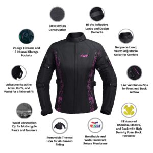 HWK Adventure/Touring Motorcycle Jacket for Women, Women's Motorcycle Jacket with CE Armor for Enduro Motorbike Riding, Water Resistant Textile Biker Jacket for Women - Black & Pink, Small