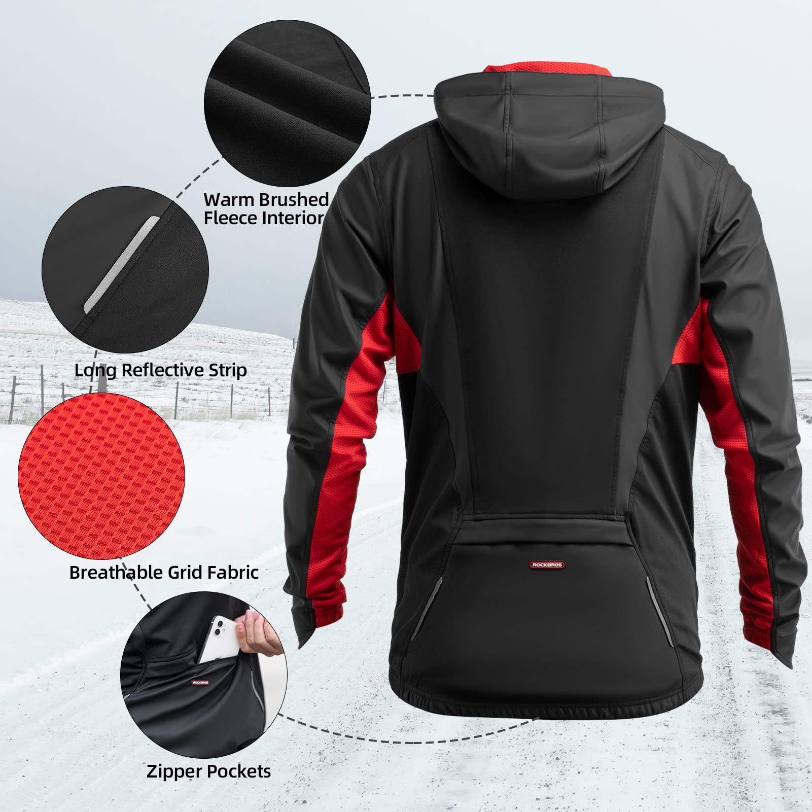 ROCKBROS Winter Cycling Jacket for Men Windproof Thermal Breathable Running Windbreaker Cycling Clothing Black