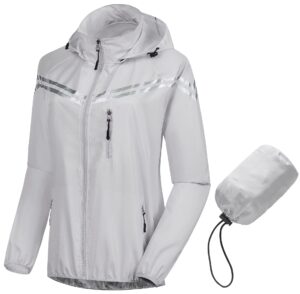 creatmo us women's cycling windbreaker jacket, waterproof running workout rain jackets, packable reflective hiking hoodie grey 2xl