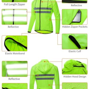 WOSAWE Packable Cycling Jacket Hooded Running Coat Lightweight Biking Windbreaker, Green with Hood Large