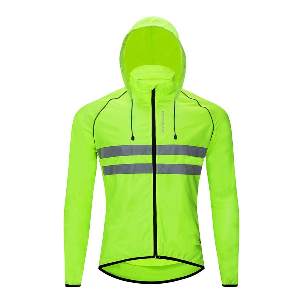 WOSAWE Packable Cycling Jacket Hooded Running Coat Lightweight Biking Windbreaker, Green with Hood Large