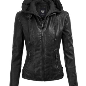 Lock and Love LL WJC1044 Womens Faux Leather Quilted Motorcycle Jacket with Hoodie L BLACK