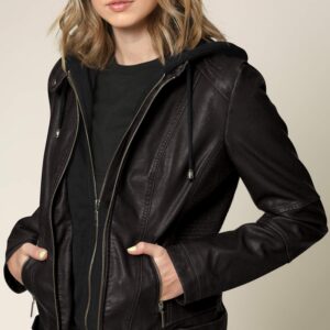 Lock and Love LL WJC1044 Womens Faux Leather Quilted Motorcycle Jacket with Hoodie L BLACK