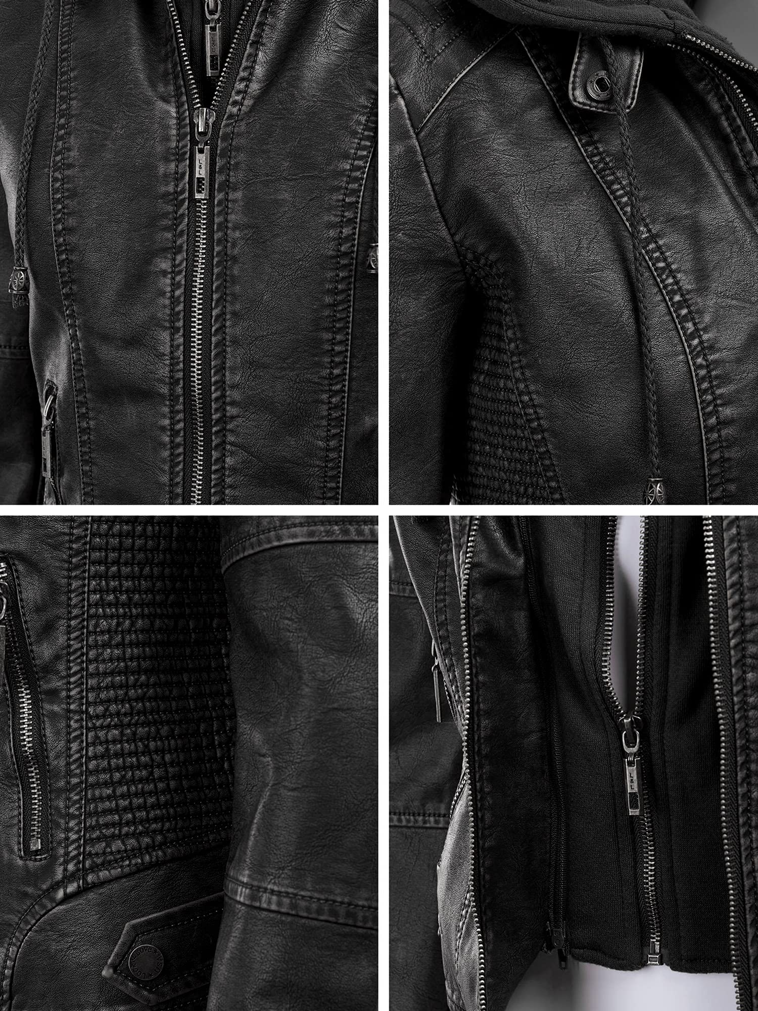 Lock and Love LL WJC1044 Womens Faux Leather Quilted Motorcycle Jacket with Hoodie L BLACK