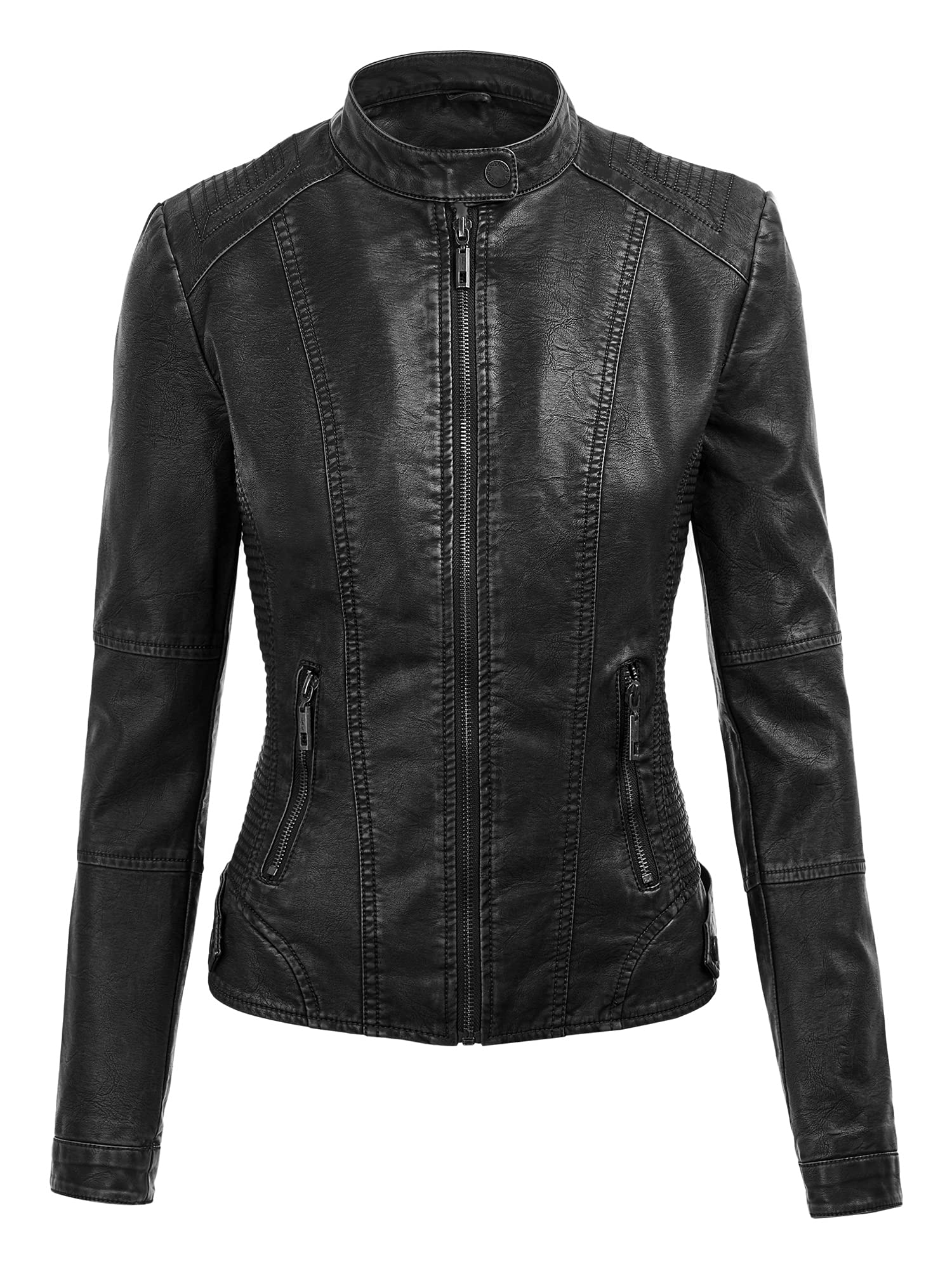 Lock and Love LL WJC1044 Womens Faux Leather Quilted Motorcycle Jacket with Hoodie L BLACK